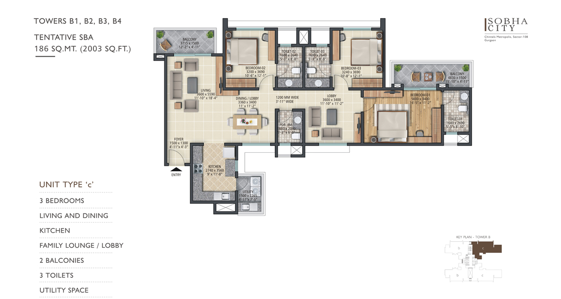 3BHK+Utility Space+ Lounge-Type ‘c’- 186 sq. mt. (2003 sq. ft.)