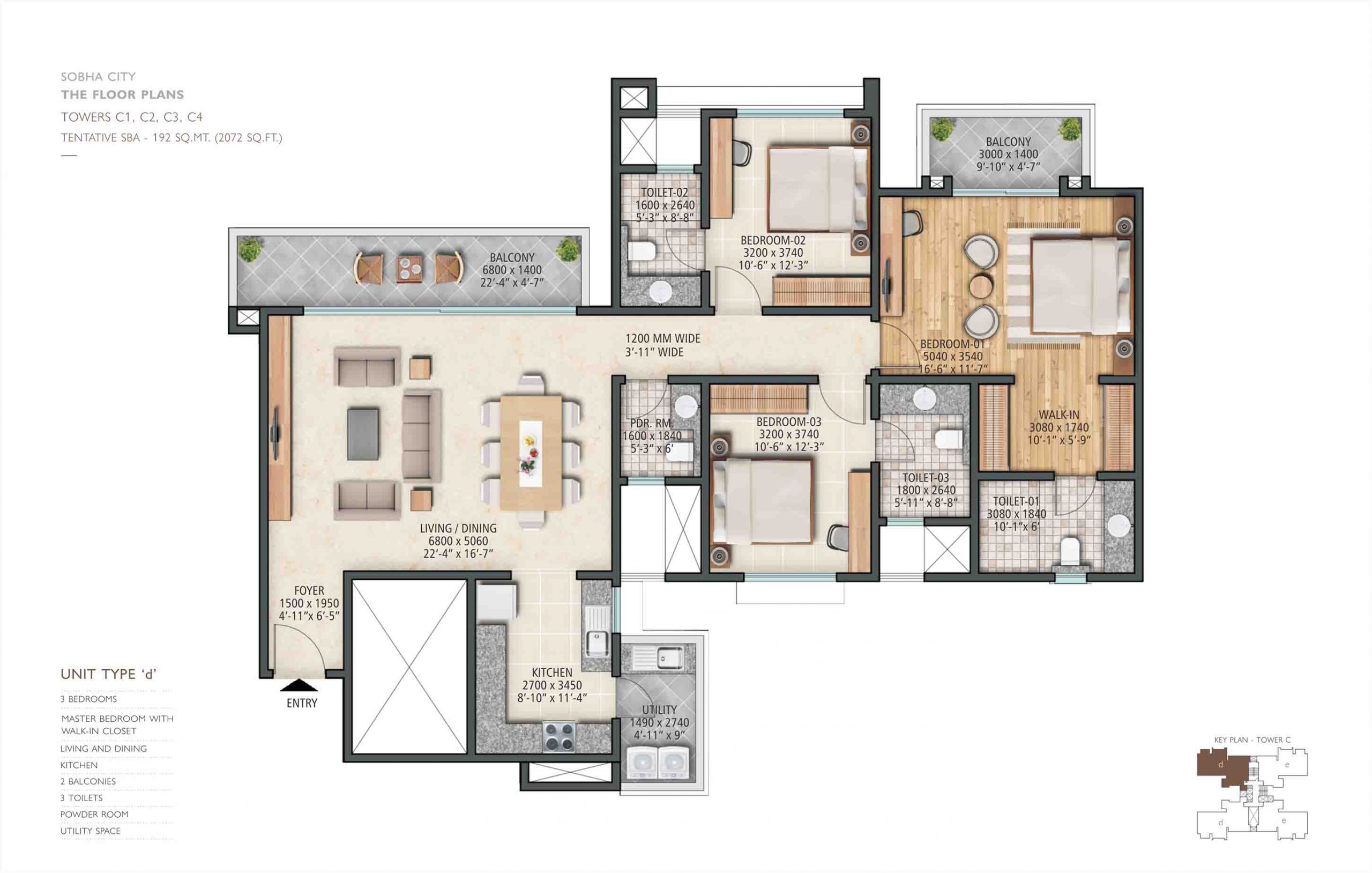 3BHK+Utility Space + Power Space-Type ‘d’- 192 sq. mt. (2072 sq. ft.)